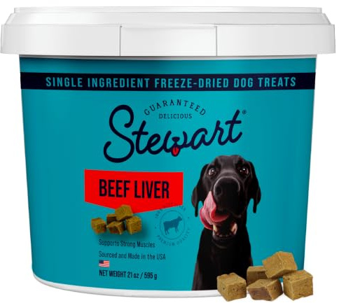 Stewart 100% Beef Liver Dog Treats, 21 oz Tub, ~475 Pieces, Freeze Dried Raw, 50% Protein, Single Ingredient Training Treats or Meal Topper, Grain Free, Gluten Free