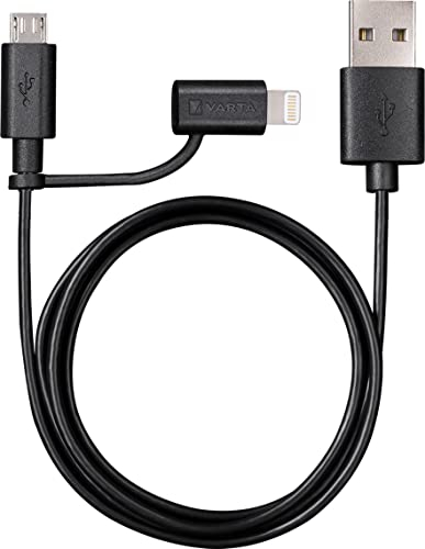 VARTA 2in1 Charge & Sync, micro USB y adaptador Lightning (apto para dispositivos Apple como iPhone, iPad y micro USB como Samsung, Huawai, Sony, LG, HTC - 1 m)