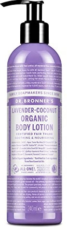 Dr Bronner's 3-in-1 Lavender & Coconut Organic Hand and Body Lotion, Made with Organic Oils, Used for Hands, Face and Body, Certified Fair Trade & Vegan Friendly, 236ml Recycled Pump Bottle