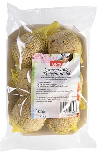 PANTO Ganzjahresknödel 6 Stück (540 g) mit Früchten & Insekten - Wildvogelfutter ganzjährig für Körner- & Weichfresser, Meisenknödel mit Netz, auch im Sommer geeignet