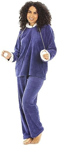Camille Women's 2 Piece Super Soft Pyjama Set - Thick Luxury Fleece Full Length PJ Set -Long Sleeved with Elasticated Waist & Sherpa Lined Hood Navy 18-20