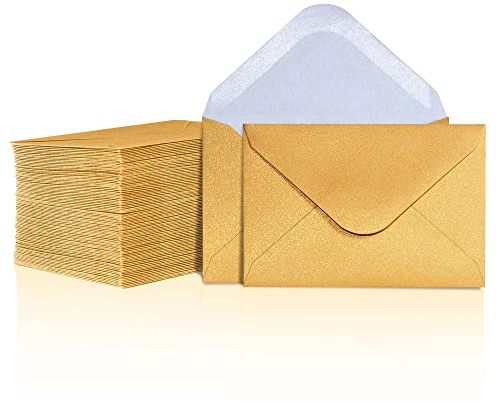Geschenkkartenhüllen – 100er-Pack Mini-Hüllen, Papier-Visitenkartenhüllen, Großpackung winzige Briefumschläge für kleine Notenkarten, Gold, 10,2 x 6,9 cm