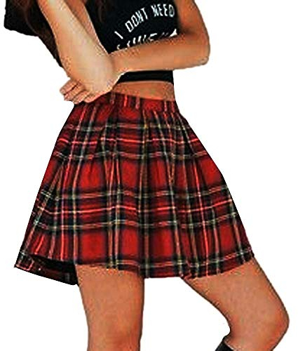 YEBIRAL Rock Damen Schulmädchen-Stil Minirock Casual kurz A-Line Rock Baumwolle Gestreifte & Kariert Skater Röcke(S,Rot)