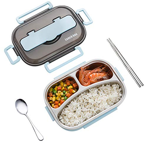 amropi Brotdose aus Edelstahl,Lunchbox mit 2/3/4/5 Fächern,mit Stäbchen und Löffel,Bento Box zum Wandern/Reisen/Schule/Büro (Blau, 3 Fach)