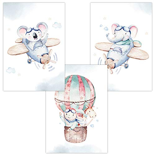 Olgs Kinderzimmer Poster Bilder 3er Set | Deko Wandbilder | Bilder Wandposter DIN A4 | Wanddeko für Babyzimmer | Flugstunde Freunde Junge Heißluftballon, Tiere: Koala, Elefant, Giraffe