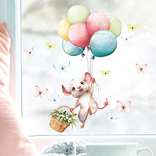 Wandtattoo Loft Fensterbilder Frühling Maus mit Ballons Motiv – A2 Bogen, Wiederverwendbar – Frühlingsdeko Fenster, Frühlingsbild Fenster, Fensterdeko Frühling, Fensterfolie Frühling Selbstklebend