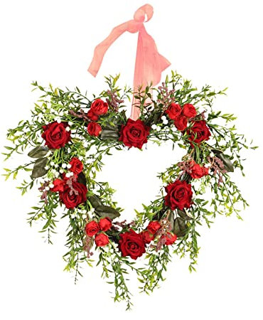 balikha Heart Shaped Wreaths Front Door Wall Hanging Garden Rose Flower Artificial Garland 15.7'' for Valentine'S Day Wedding Window Party Decoration Spring