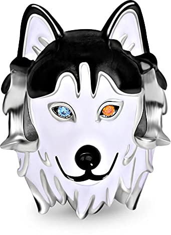 GNOCE 925 Argent Sterling Hétérochromie Husky Dog Charm perle Chien Pendentif Avec Yeux Bicolores S'adapte à Toutes Les Chaînes Meilleur Cadeau Pour La Famille Et Les Amis