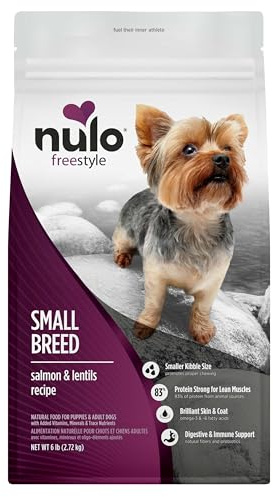 Nulo FreeStyle Small Breed Dog Food Dry - Salmon & Lentils, Puppy & Adult Grain Free Dog Food, Natural, High Protein, Smaller Sized Kibble with BC30 Probiotic for Healthy Digestion Support, 6lb Bag