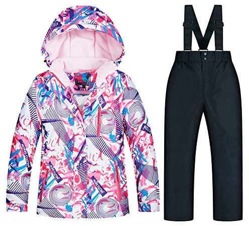 YFPICO Ensemble de Ski Enfant Fille Garçon Veste de Ski Snow avec Salopette Matelassé Combinaison de Ski Neige Snowboard Imperméable Coupe-Vent, 4-5 Ans/Stature 115cm