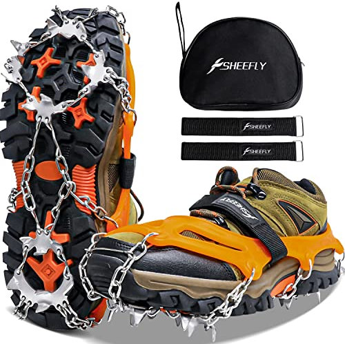 SHEEFLY Crampons - Tacos de tracción para hielo con 19 pinchos para nieve, agarre de hielo antideslizante de acero inoxidable para zapatos y botas, microspikes para correr, senderismo, escalada, pesca