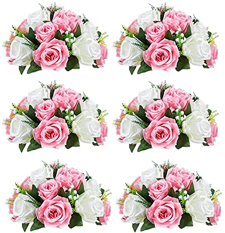 Sziqiqi Künstliche Seidenrosen für Hochzeit, Party, Geburtstag, Jahrestag, Blumenarrangement, Dekoration, Rosa & Weiß, 6 Stück