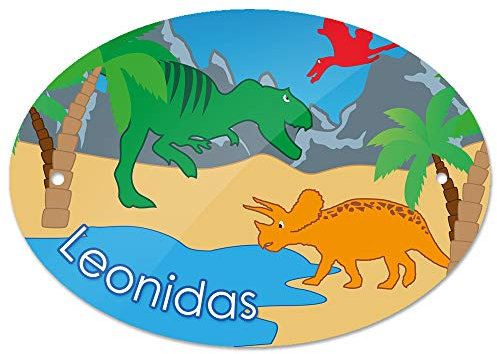 Eurofoto Türschild mit Namen Leonidas und Dino-Motiv | Kinderzimmer-Schild