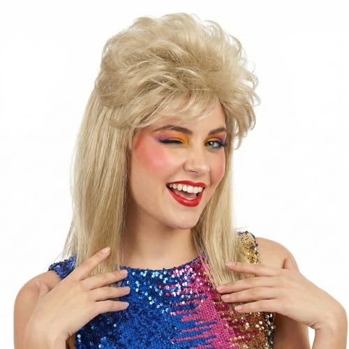 STfantasy Blonde Vokuhila 70er 80er Jahre Cutomes Perücken für Frauen Lange lockige Hippie Disco Mann Perücke für Fancy Dress Cosplay Party Halloween 14inch