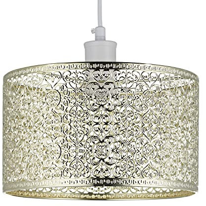 Ornate and Classic Moroccan Style Designed Shiny Plated Gold Metal Ceiling Pendant Lamp Shade 25cm x 15cm | 60w Maximum| Circular Metal Shade by Happy Homewares