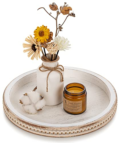 Hanobe - Bandeja redonda de madera blanca lavada, decoración rústica para mesa de café, cocina, sala de estar