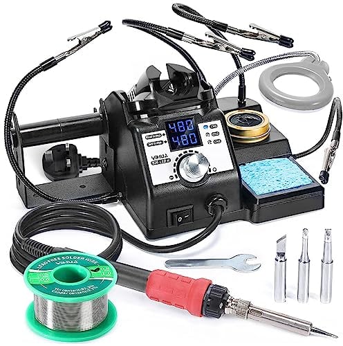 YIHUA 926LED-IV EVO 110W Soldering Station 90~480°C Soldering Kit with 4 Helping Hands, 1 Magnifier with LED, Solder Wire Dispenser, 3 Extra Soldering Tips, 35g Lead-Free Solder Wire(UK Plug)