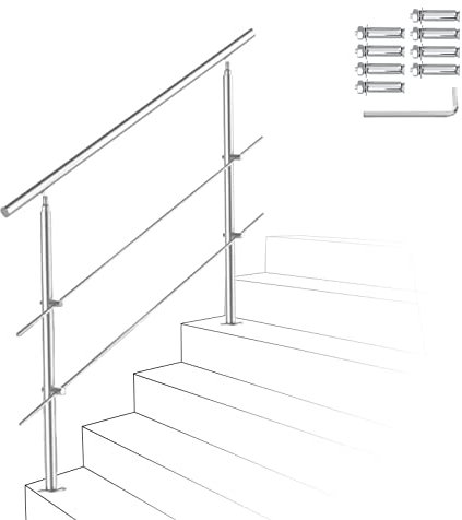 Ikodm Corrimano in acciaio inox, ringhiera per scale, 120 cm, con 2 barre trasversali e accessori, per scale, interni, balcone, ingresso di casa