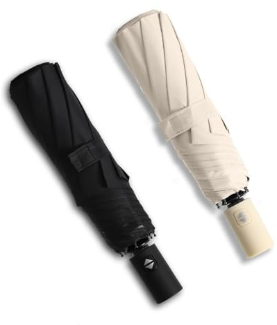 BAODINI Petit parapluie de voyage compact avec protection UV pour la pluie et le soleil UPF 50+ coupe-vent portable de 106,7 cm pour homme et femme, D-Lot de 2 - Beige et Noir, 42 Inch Arc Canopy