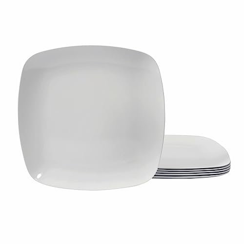 TP 10 Melamine Sqaure Dinner Plates, 6-Piece Plate Set Unbreakable Serving Dishes for Indoors and Outdoors, Unbreakable Dinner Service for 6, White