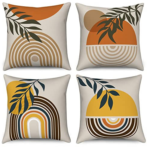 Kissenbezug Boho 40x40 4er Set, Hnmdmyi Mid Century Abstraktes Blatt Sonnenuntergang Sonnenaufgang Regenbogen Linie Dekorative Kissenbezüge Modern Minimalistisch Leinen Kissenhülle für Sofa Home Decor