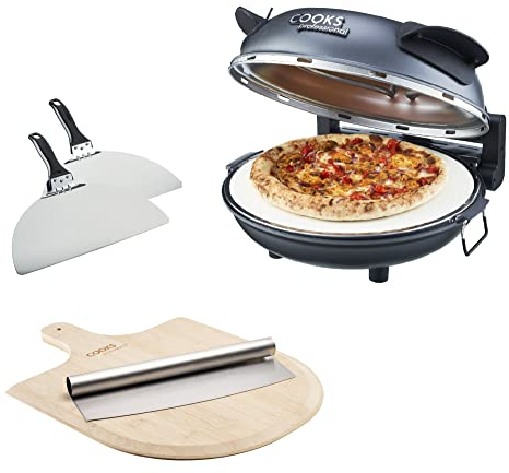 Cooks Professional Electric Pizza Oven with Bamboo Board, Cutter, 31cm Stone Base, Glass Window, Timer, Stainless Steel Paddles & Baking Sheet | Portable Countertop Pizza Maker Machine 1200W | Grey