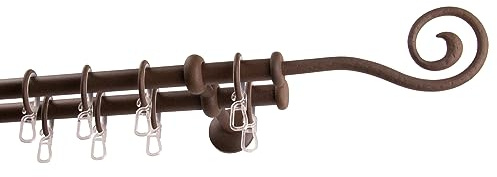 Garesa Gardinenstange Esperanca Ø 16mm, 2-läufig, Rost I Rustikale Vorhangstange inkl. Ringe + Faltenlegehaken I Mit Endknopf Spirale I Wandmontage I 160cm