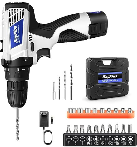 Akku-Bohrmaschine, 12 V, Schlagbohrmaschine, Drehmoment 18 + 1, 45 Nm, Bohrfutter 3/8 Zoll, 2 Geschwindigkeiten, LED-Licht, Akkuschrauber für Zement, Beton, Decke, Ziegel, Wand, Weiß