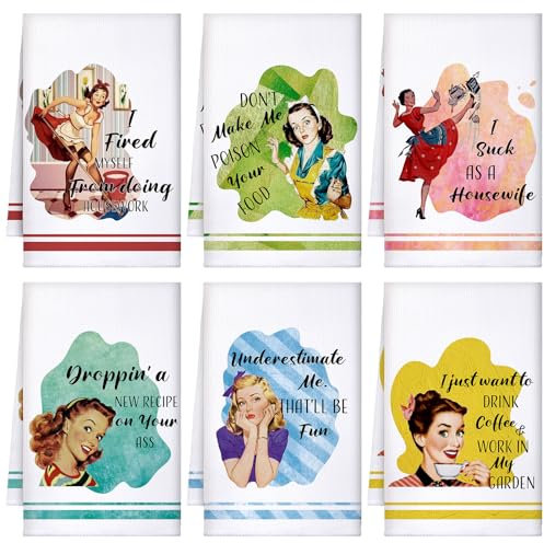 VitalCozy Lustiges Küchenhandtuch-Set, lustiges Hausfrauen-Geschirrtuch, Bauernhaus, rustikales Badetuch für Urlaub, Weihnachten, Badezimmer, Geschenk, 61 x 40 cm, 6-teilig
