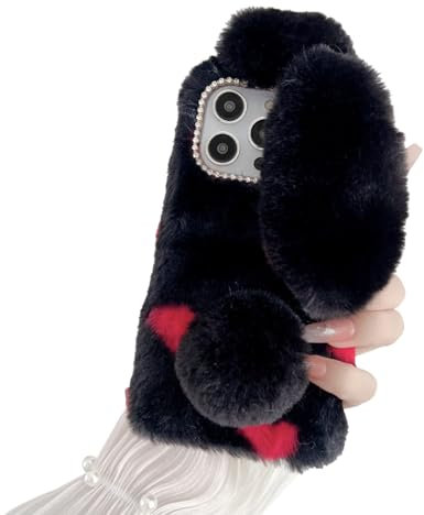 FAOONNMY Flauschige Plüsch Hülle Case für iPhone Xr, Niedlich Hasenohren Pelzig Handyhülle für Frauen Mädchen, Super Weiche Warme Faux Kaninchen Haar Schutzhülle Stoßfest für Black iPhone Xr