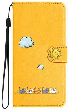FALUWONRU for iPhone XR handyhülle,Katzen Leder Tasche,Gelb | iPhone XR klapphülle mit Kartenfach Stand,stoßfestes Schutzhülle,ideal für Alltag,klappbar für Damen.
