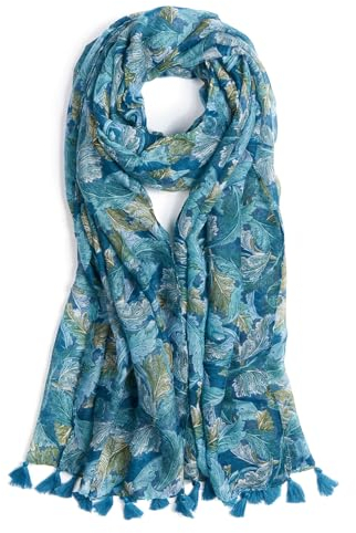 QIUTIMIY Schals für Damen Dünn Blumenmuster Bunte Schals und Tücher Halstuch mit Quasten für Frühling Sommerschal(Blätter-Blau Green)