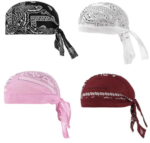 Asudaro Kopftuch Atmungsaktiver Pirat Cap, 4 Stück Sport Radfahren Kappe Baumwolle Piratenhut für Männer Frauen Hip-Hop-Stil schnell Trocknende Sportmütze Bandana Biker Hat Typ 1