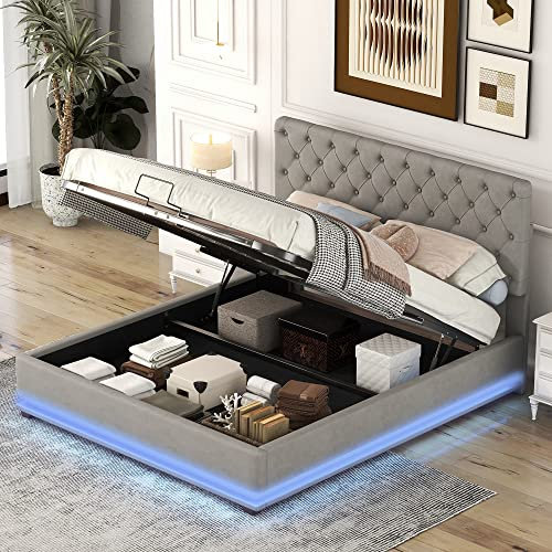 140x200 Polsterbett mit LED, USB, Bluetooth, Hydraulik und Bettkasten, Grau - Modern, Multifunktional und Komfortabel