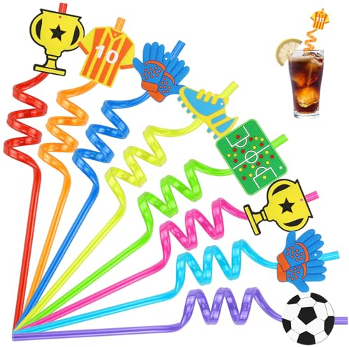 Paille en Plastique Reutilisable Pailles Réutilisables Spirale Enfant 16 Pièces Paille Décorations de Fête Football Forme Bouclée Pailles Boire en Plastique pour Cocktail Jus de Lait Café (Football)
