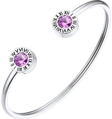 FindChic Lila Stein Armreif Damen Edlestahl Römische Ziffer Armbänder Geburtsstein Armkette Offen Armschmuck für Muttertag Valentinstag Geburtstag Weihnachten