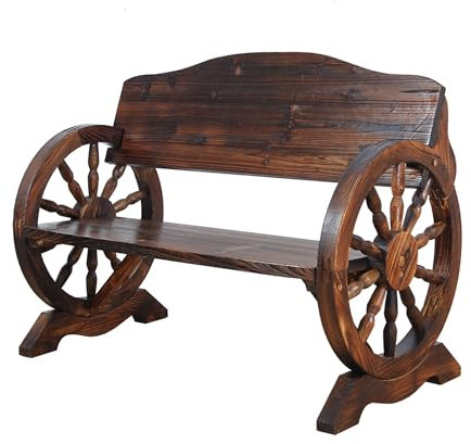 Gartenbank Wetterfest Metall Bank Garten Sitzbank mit einzigartigem Wagenrad-Armlehnendesign, Terrassenmöbel für den Außenbereich für 2 Personen – natürliche Holzoberfläche für Veranda, Landhofmöbel (