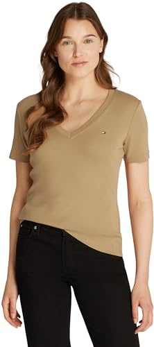 Tommy Hilfiger Camiseta de Manga Corta Mujer New Slim Cody con Cuello de Pico, Beige (Safari Canvas), XL