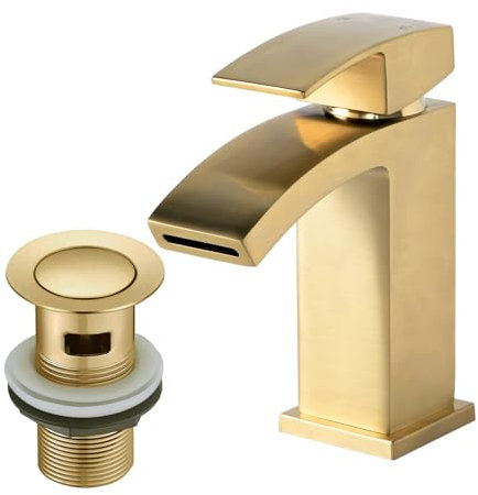 BATHWEST 322X Robinets d'évier de salle de bain en forme de cascade carrés avec bonde pop-up en laiton monobloc avec bouchon d'évier (or, grand)