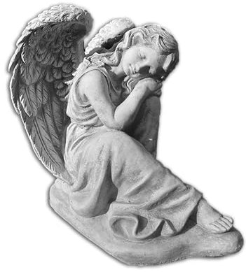 FABRIQ Schlafender Engel auf dem Knie, Steinfigur 25cm, 6kg, Grau, Robuste Steinguss Skulpturen, gartendeko, Frostbeständig für Außenbereich