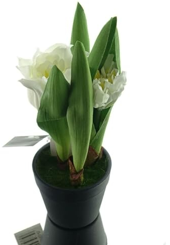 Gasper Tulpen Weiß im schwarzen Mini-Topf 19 cm hoch - Kunstpflanzen