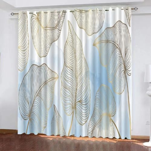 AASIRA Gold Blätter Vorhänge Blickdicht mit ösen 2er Set 3D Palmenblätter Gardinen Verdunkelung für Kinderzimmer Schlafzimmer Dekoration Kälteschutz Thermovorhang, 2 x B 70 x H 160 cm