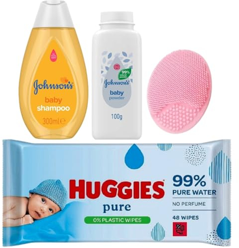 Baby Essentials für Neugeborene, Set mit Baby-Shampoo, 300 ml, Babypuder 100 g, 48 Babytücher, Baby-Badebürste, Silikon-Massage-Schrubber, Neugeborenen-Essentials Baby-Geschenke