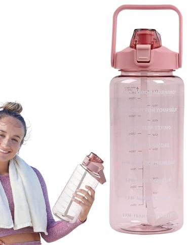 Eoixuqba 2L Gourde Sport, Water Gallon, Gourde Transparente Anti Fuite En Plastique, Avec Paille Et Marqueur De Temps Motivationne, Bouteille Avec Manchon En Silicone, Pour Le Camping, Cyclisme