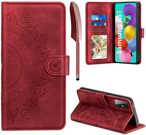 EASDNB Lederhülle für Samsung Galaxy A51 Hülle, Handyhülle für Galaxy A51 Flip Wallet PU Leder Case [Kartenfach] [Magnet] [Standfunktion] Prägung Klapphülle Schutzhülle für Samsung A51, Rot