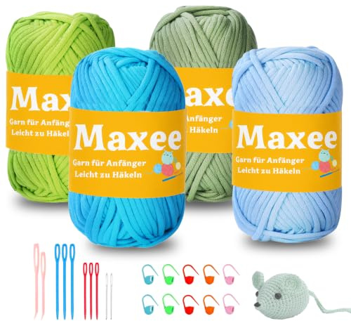 Maxee Häkelgarn für Anfänger, 200g (50gx4 Farbe) Kein Geteiltes Garn, Dickes Garn Baumwolle zum Häkeln, Häkeln Amigurumi Wolle, Klobiges Baumwollgarn Einfaches Strickgarn zum Häkeln Stricke