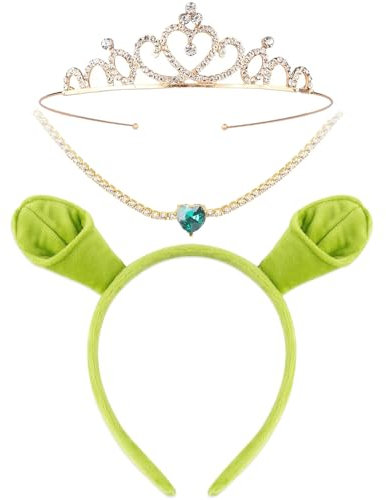 3Pcs Halloween Haarreif Damen Mädchen Plüsch Monster Ohren Haarreif Grün Oger Kostüm-Zubehör Kristall Halskette Tiara Krone Haarschmuck Haarreif Fasching Karneval Erwachsene Kinder Cosplay Accessoires