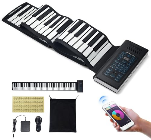 VEVOR Teclado Piano Enrollable 88 Teclas 128 Ritmos 128 Tonos Piano Digital Portátil Recargable con Altavoz 2W Pantalla LED 5 Puertos Función MIDI para Niños, Principiantes, Adultos, Negro