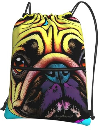 YYHWHJDE Pop-Art-Rucksack mit Mops-Motiv, mit Kordelzug, Reißverschluss, geeignet für Outdoor-Freizeit, 15,3 x 45,7 cm (L x H), Schwarz , One size