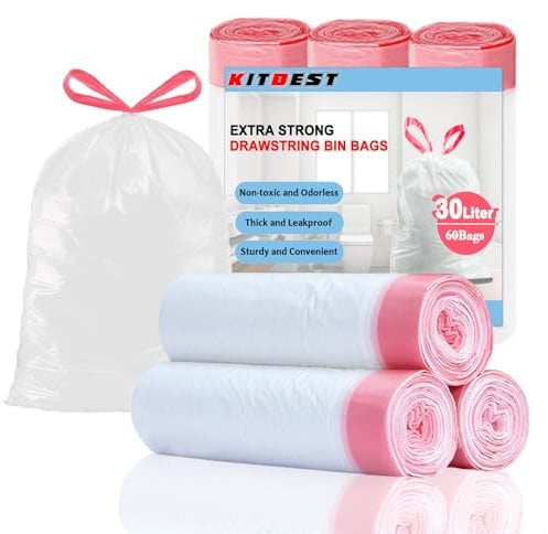 KITBEST 30L Müllbeutel Müllsäcke mit Zugband (60 Beutel), Starke Mülltüten Abfallbeutel Mülleimerbeutel für den Hausmüll, reißfest und wasserdicht (60cm × 65cm, Weiß)